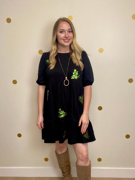 FINAL SALE Umgee Black Christmas Tree Detail Dress