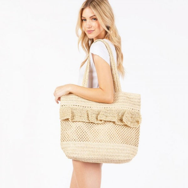 Beige Ruffle Straw Tote Bag