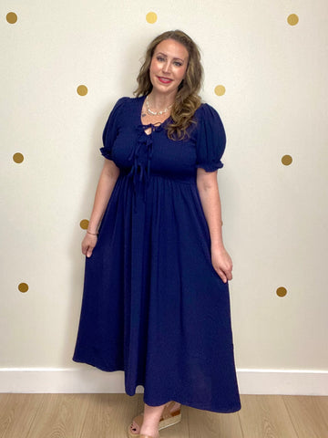 Navy Smocked Tie Puff Sleeve Midi Dress