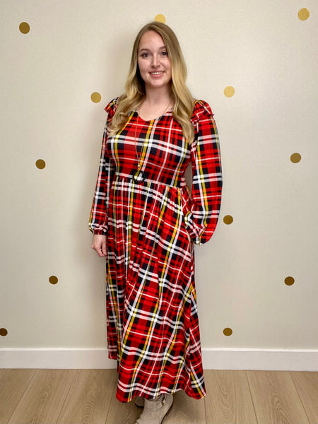FINAL SALE Red & Black Plaid Shoulder Ruffle Midi Dress