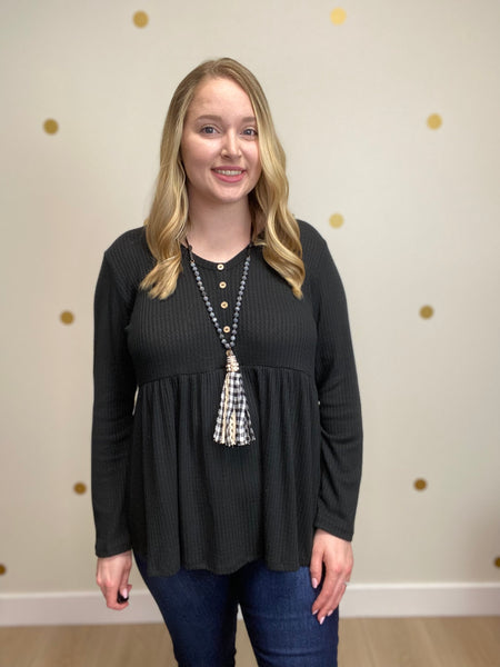 Black Button Peplum Waffle Top