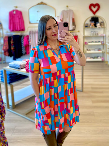 FINAL SALE Pink & Blue Multicolor Print Pocket Dress
