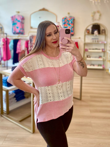 FINAL SALE Pink Ribbed Eyelet Contrast Top