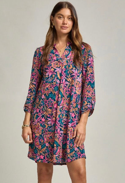 Teal Floral Print Pocket Dress