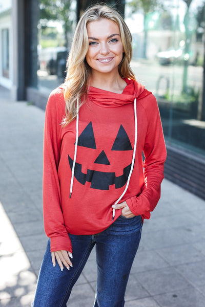 Orange Jack-O-Lantern French Terry Thumb Hole Double Hoodie - Online Only!