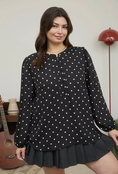 Black Polka Dot Button Top