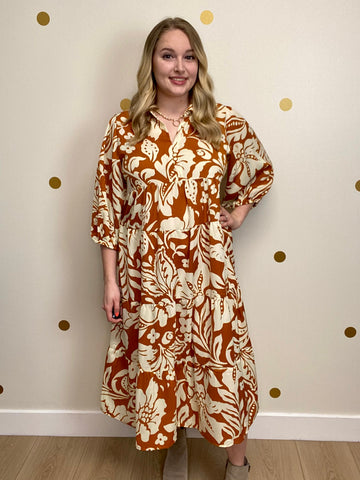 Umgee Rust Floral Print Midi Dress