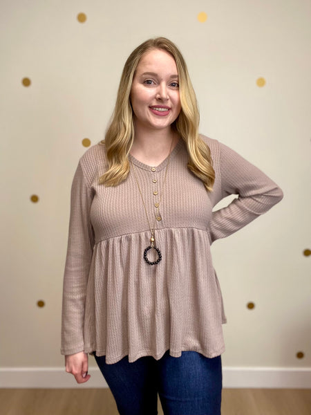 Taupe Button Peplum Waffle Top
