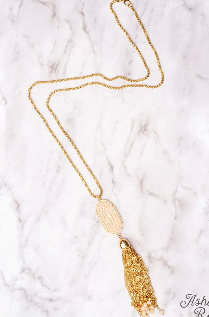 Light Pink Oval Pendant Tassel Necklace