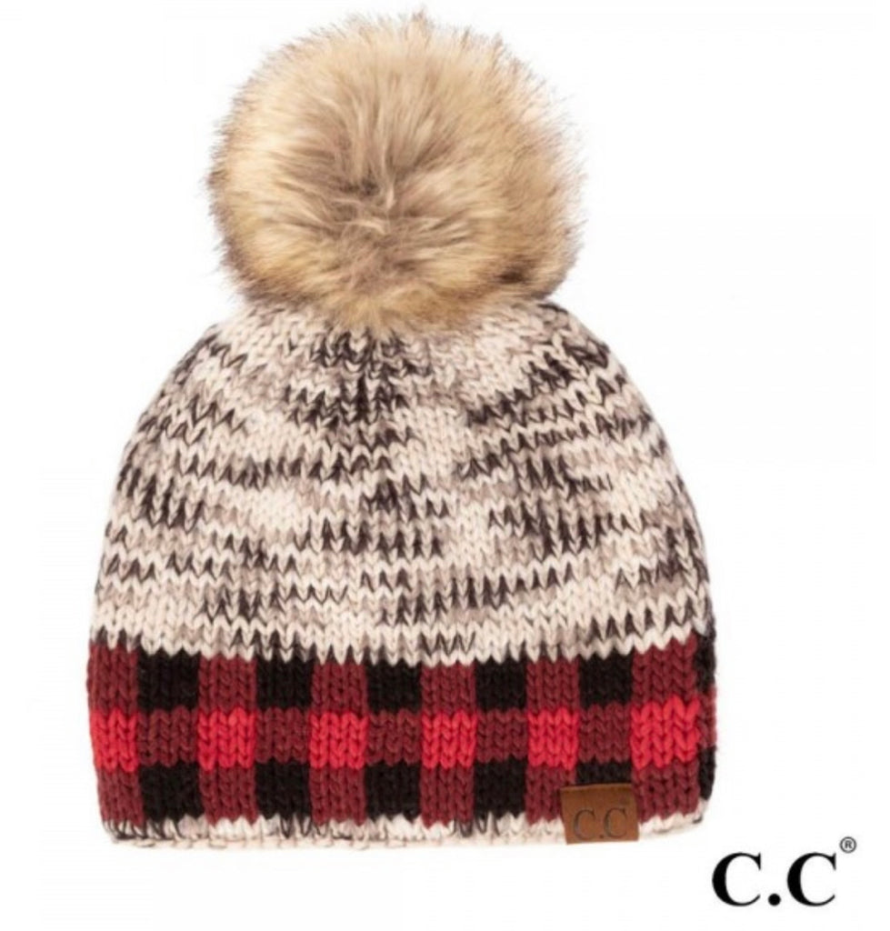CC Beanie Ivory & Red Plaid Beanie
