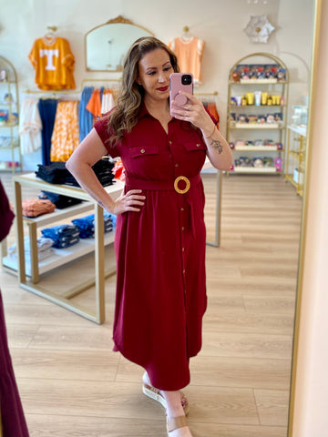 Burgundy Collared Button Down Belted Midi Dress