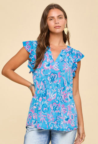Blue & Pink Print Flutter Sleeve Top