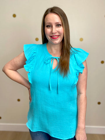 FINAL SALE Blue Cotton Crinkle Flutter Sleeve Top