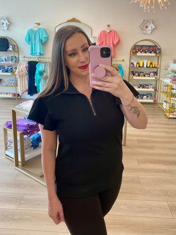 Black Quarter Zip Flutter Sleeve Pullover