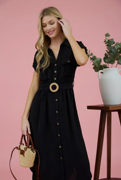 Black Collared Button Down Belted Midi Dress