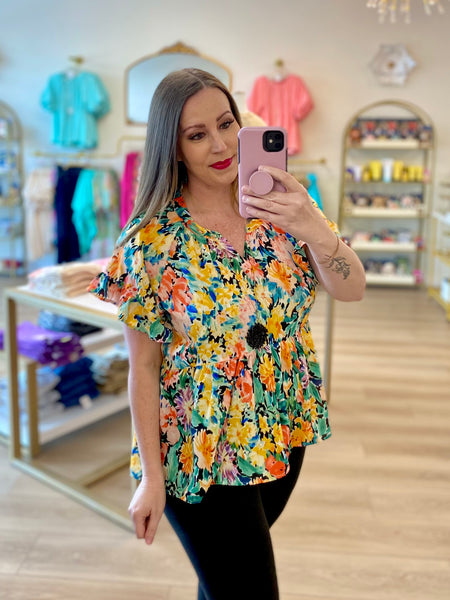 FINAL SALE Umgee Coral Multicolor Floral Tiered Top