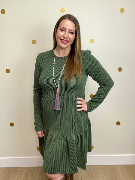 Olive Ribbed Tiered Dress