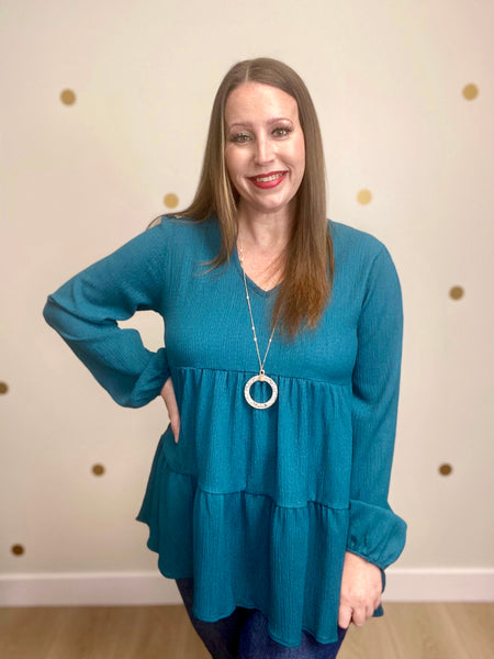Teal Tiered Puff Sleeve Top