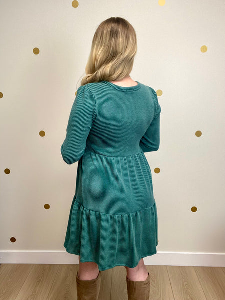 Hunter Green Ribbed Tiered Dress
