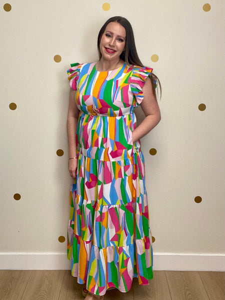 FINAL SALE Beautiful Multicolor Print Ruffle Sleeve Dress