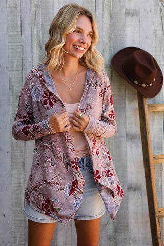Find Love Bronze Long Sleeve Floral Print Open Cardigan Hoodie - Online Only!