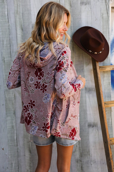 Find Love Bronze Long Sleeve Floral Print Open Cardigan Hoodie - Online Only!