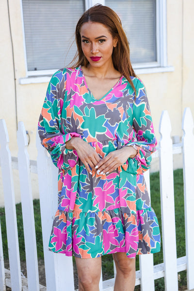Green Long Sleeve V Neck Ruffle Hem Babydoll Dress - Online Only!