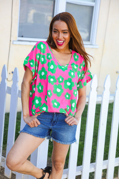 Spring Vibes Pink & Green Flower Print V Neck Short Sleeve Top - Online Only!