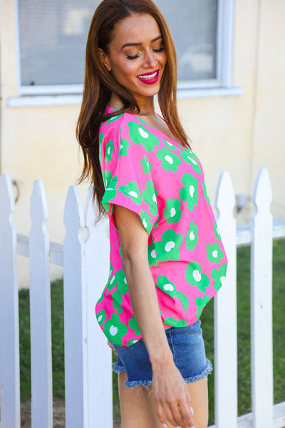 Spring Vibes Pink & Green Flower Print V Neck Short Sleeve Top - Online Only!