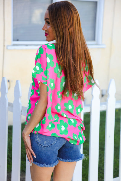 Spring Vibes Pink & Green Flower Print V Neck Short Sleeve Top - Online Only!