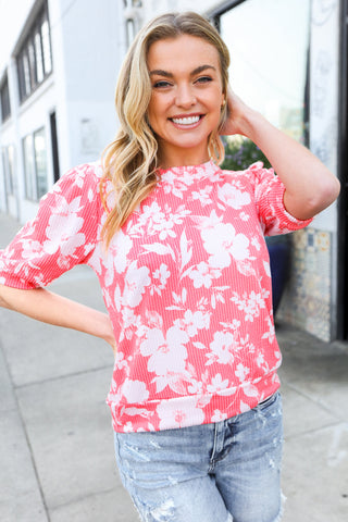 Spring Vibes Coral Wavy Rib Puff Short Sleeves Floral Top - Online Only!