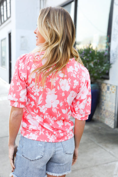 Spring Vibes Coral Wavy Rib Puff Short Sleeves Floral Top - Online Only!
