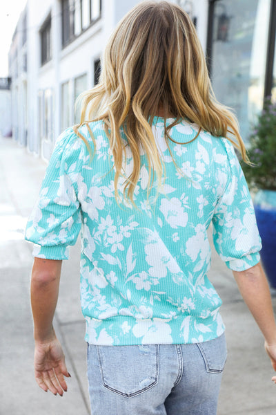 Spring Vibes Mint Wavy Rib Puff Short Sleeves Floral Top - Online Only!