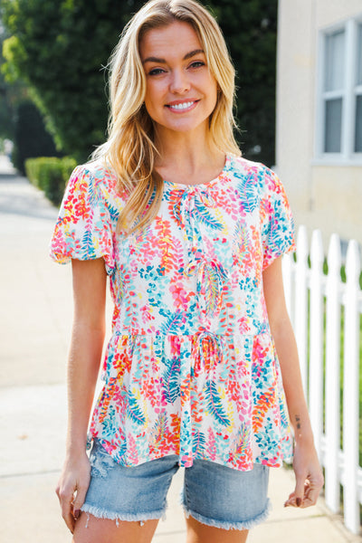 Ivory Floral Leaf Print Short Sleeve Babydoll Top - Online Only!