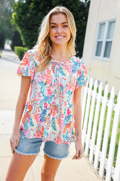 Ivory Floral Leaf Print Short Sleeve Babydoll Top - Online Only!