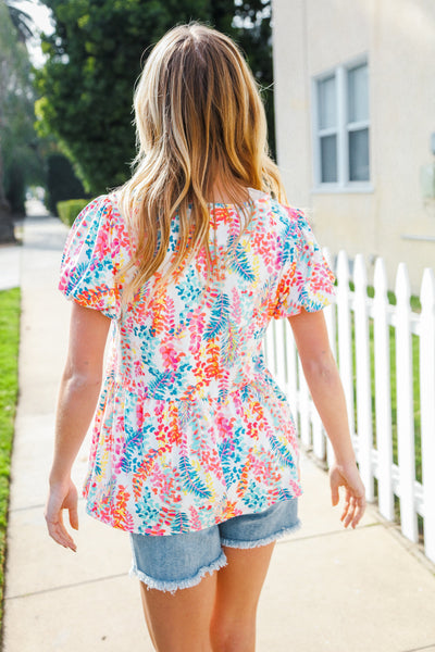 Ivory Floral Leaf Print Short Sleeve Babydoll Top - Online Only!
