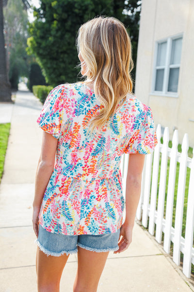 Ivory Floral Leaf Print Short Sleeve Babydoll Top - Online Only!
