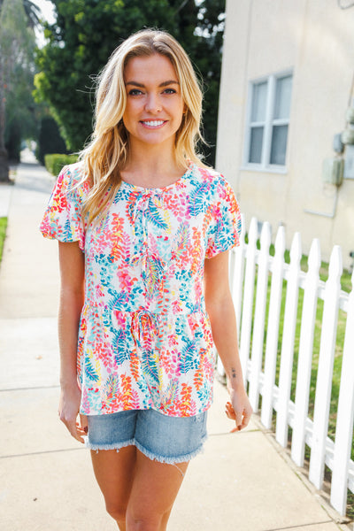 Ivory Floral Leaf Print Short Sleeve Babydoll Top - Online Only!