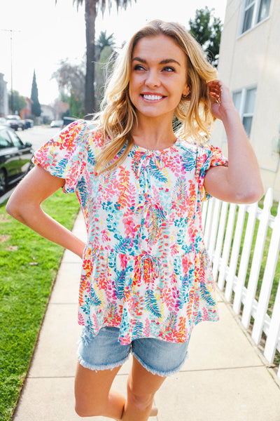 Ivory Floral Leaf Print Short Sleeve Babydoll Top - Online Only!