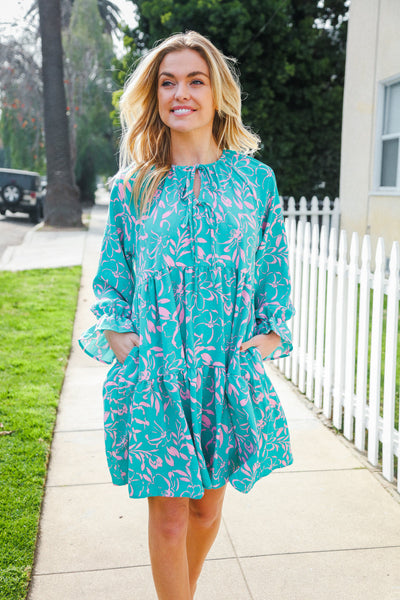 Boho Romance Mint Floral Print Front Ribbon Bow Tiered Dress - Online Only!
