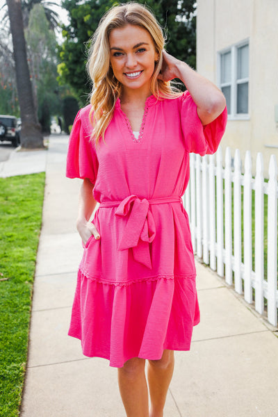 Star Struck Fuchsia Notched Neck Balloon Sleeve Sash Belt Mini Dress - Online Only!