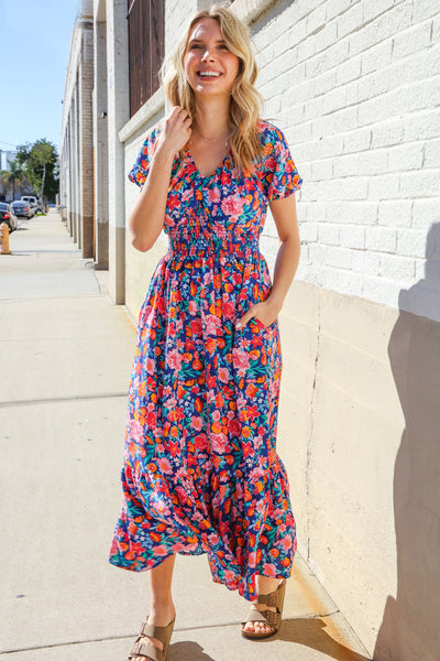 Blue Floral Raglan Puff Sleeves V Neck Smocked Waist Maxi - Online Only!