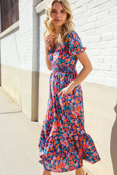 Blue Floral Raglan Puff Sleeves V Neck Smocked Waist Maxi - Online Only!