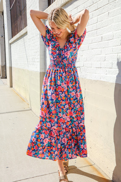 Blue Floral Raglan Puff Sleeves V Neck Smocked Waist Maxi - Online Only!