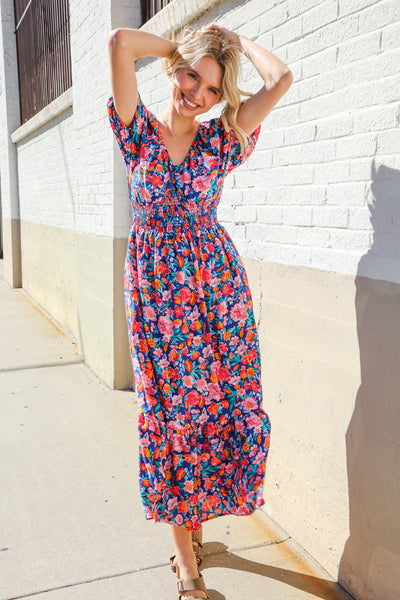 Blue Floral Raglan Puff Sleeves V Neck Smocked Waist Maxi - Online Only!