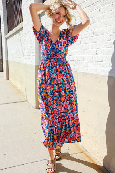 Blue Floral Raglan Puff Sleeves V Neck Smocked Waist Maxi - Online Only!