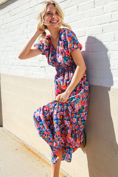 Blue Floral Raglan Puff Sleeves V Neck Smocked Waist Maxi - Online Only!