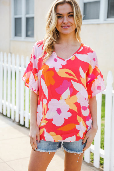 Tropical Vibes Peach Floral Dolman Ruffle Frill Sleeve Blouse - Online Only!