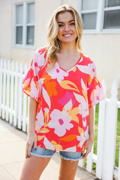 Tropical Vibes Peach Floral Dolman Ruffle Frill Sleeve Blouse - Online Only!