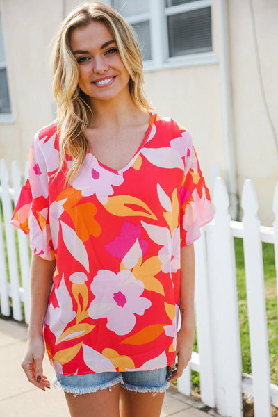 Tropical Vibes Peach Floral Dolman Ruffle Frill Sleeve Blouse - Online Only!